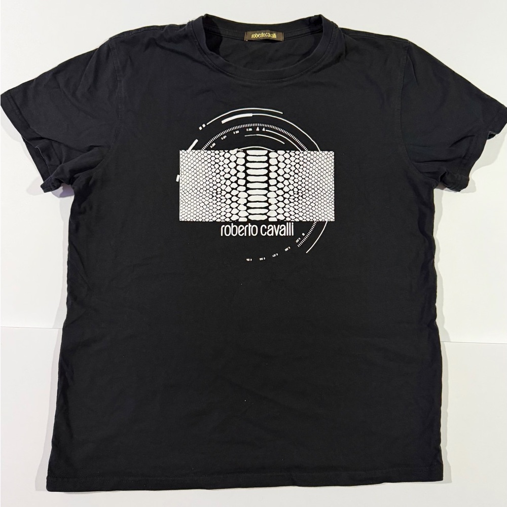 Roberto Cavalli Black Tee with Branded Holographic Tag